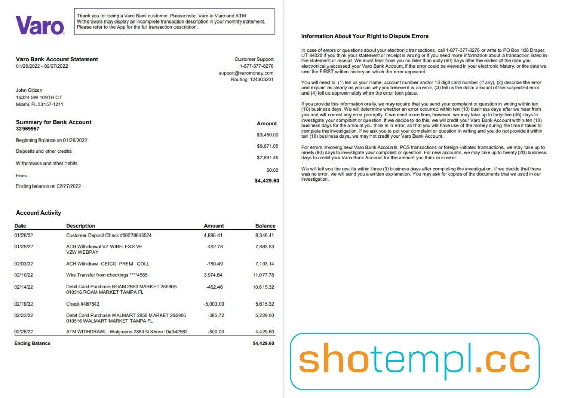Varo Bank Statement PDF Templates